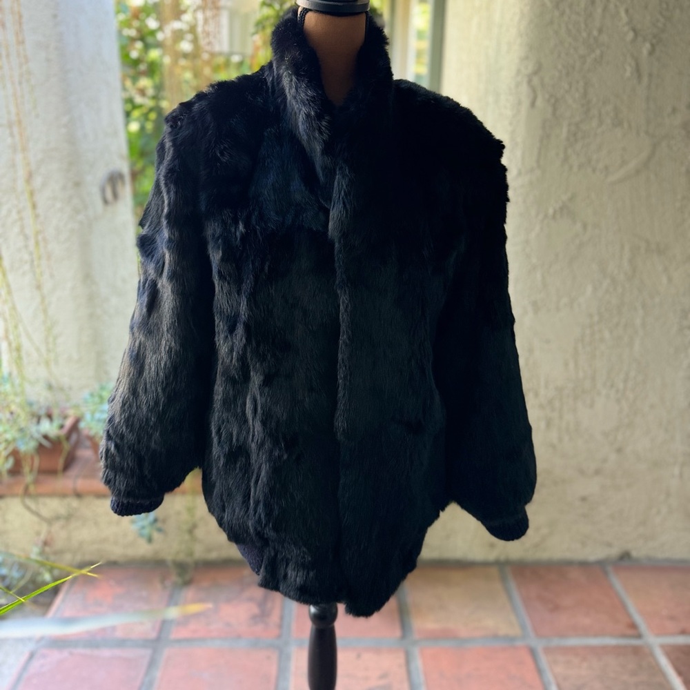 1990s Vintage Niki Black Dyed Rabbit Fur Jacket w/Purple Satin Lining